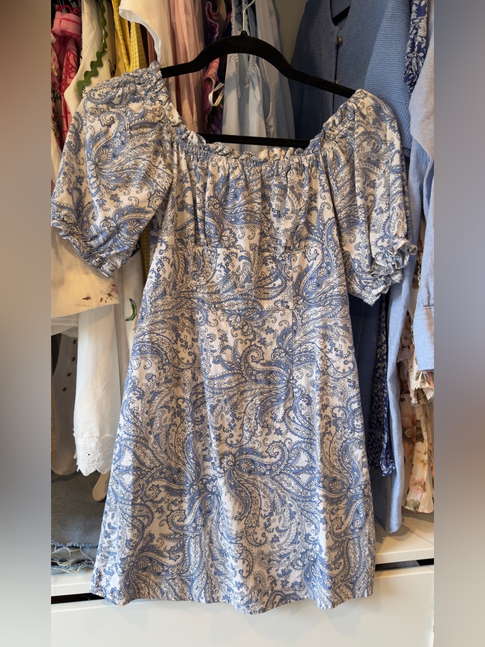 Dynamite White Dress with Blue Paisley Print